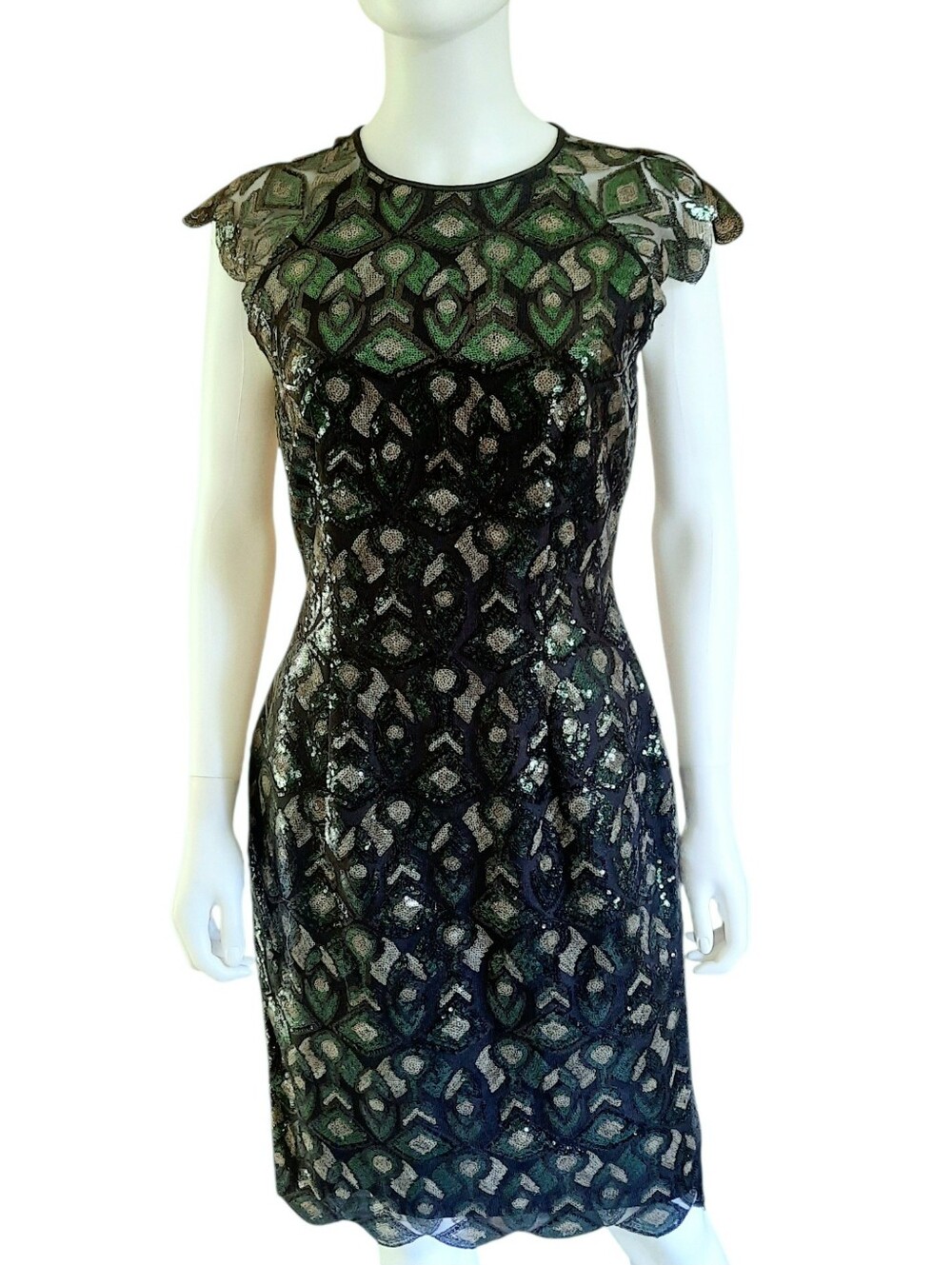KATHERINE KELLY Gwen Sequin Mesh Cap Sleeve Knee-Length Sheath Black/Green Sz 4